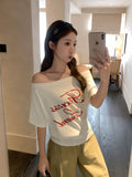 Pure Wind Summer Ootd Wearing An Oblique Shoulder Word Collar Short-Sleeved T-Shirt Female Out-Of-Shoulder Beautiful Letter Print Top