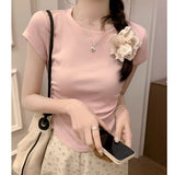 2026 Summer New Dopamine Light Blue Collar Front Shoulder Short Flying Sleeve T-Shirt Folds To The Waist Thin Top Lady
