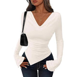 2025 Long-Sleeved Women Early Autumn New Asymmetrical Sexy Slimming Stack Collar Blouse Spring