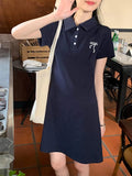 Pure Cotton Bow Polo Collar Short-Sleeved Dress Women Summer Fashion Temperament Waist High-End Ass Short Skirt