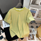 2025 New Summer Striped Short-Sleeved T-Shirt Girl Chic Loose Korean Version Of The Right Shoulder Reduction Body Blouse Ins