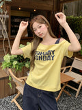 Blue Dopamine Slanted Shoulder-Sleeve T-Shirt For Women's Summer 2026 New Fashion Letter Print Sexy Top