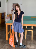Tibetan Blue V-Neck Button Front Shoulder Design Feeling Short-Sleeved T-Shirt 2026 Summer New Fashion To Reduce The Beauty Of The Top