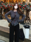 Grey Gentle Style Horn Sleeve With Knitted Sweater Women's Autumn And Winter 2025 New Korean Wear Top