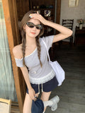 High-End Slanted-Striped Lace-Up Stitched Under The Short-Sleeved T-Shirt Women's Summer New Top