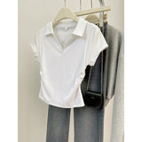 Design Feel Waist Polo Collar Front Shoulder Short-Sleeved Women's Top Summer Hottie V Collar Slimy T-Shirt