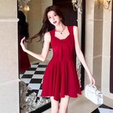 Red Sweet Wind Pure Want To Show Thin Slings Short Skirt French Bow Design Temperament 100 Fold Dress