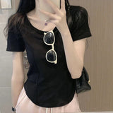 Positive Shoulder Short Sleeve T-Shirt Girls Summer Slime Under The Irregular Curves Under The Short Skinny Fish Bone Cotton Top