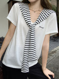 Navy Collar Design With Striped Shawl Short-Sleeved T-Shirt For Women 2026 Summer Giant Look Good Wearing Loose Thin Top