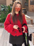 Korean Vintage Soft Gring Flower Red Sweater Women's Winter High Sense New Year Thick Short Knitted Open Shirt