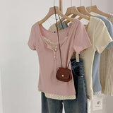 Tight Body Thin Shoulder U Collar Spliced Broken Flower Short-Sleeved T-Shirt Girl Spring And Summer Pure Lust Bm Wind Half-Opened Two-Piece Blouse