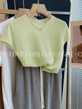 Summer Blue Little Flying Sleeve Ice Silk Knitted Short-Sleeved T-Shirt Femininity Slime Straight Shoulder Unique Beautiful Top