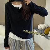 Small Buckle Fake Two T-Shirt Women's Long Sleeve Early Autumn Design Sense Of Small Bumpy Loose Top Inside The Bottom Shirt