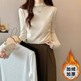 French Temperament Shoulder Lace Side Bottom T-Shirt T-Shirt Women Autumn And Winter Plus Velvet Half-High Collar Long Sleeves To Put On The Top