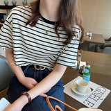 Summer Striped Short-Sleeved Women's T-Shirt 2026 New Pure Cotton Loose Tops Only Special Shoulder Half-Sleeve