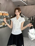 Beautiful College Style Wearing V-Neck Tying Butterfly Embroidered Shoulder Short-Sleeved T-Shirt For Women's Summer New Body Repair Small Top