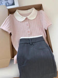 French Sweet And Gentle Pink Doll Collar Knitted Short-Sleeved T-Shirt For Girls Summer New Slimming Temperament Top