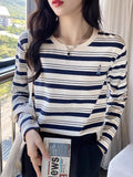 Pure Cotton Bear Embroidered Striped Spring And Autumn Long-Sleeved T-Shirt Woman 2025 New Loose Tie Bottom Collar On The Clothes