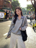 Grey Lattice Collar Fake Two Long-Sleeved Edgy Women 2026 Autumn And Winter Embroidery Small Flowers Loose Thin Top