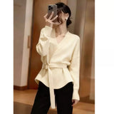 Vintage V-Neck Knitted With Belt Sweater Women's Autumn/Winter 2025 New Loose Lazy Inside The Bottom Shirt Top