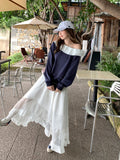 Tibetan Blue Word Shoulder Lace Spliced Long-Sleeved Sweater Women 2026 Autumn New Loose Shoulder Bottoming Shirt Top