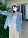 Designing A Blue Check-In Long-Sleeved Shirt For Women 2026 Summer New Commuter Loose Relaxation Small Top