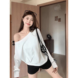 Lay-Shouldered Cotton Long-Sleeved T-Shirt Women's Autumn Pure Lusty Collarbone Lazy And Slacken The Bottom Shirt A Word On The Shoulder