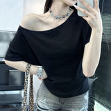 Pure Cotton Slant Shoulder Loose Word Collar Short-Sleeved T-Shirt Lazy Windy Shoulder Thin Set In The Spring Summer Blouse Woman
