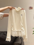 Small Collar Pure White Lace Hem Grinding Hair Plus Velvet Autumn And Winter Long-Sleeved T-Shirt Inside The Top Of The Woman