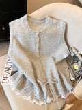 Soft-Gallow Light Gray Lace Lace Hem Spliced With Vest Women's Spring New Folding Loose Knitting Top