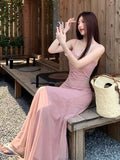 French Pink Sling Skirt Sleeveless Dress Women's Summer Small Net Yarn Waist Temperament Seaside Holiday Long Skirt