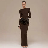 2025 Autumn And Winter New Pure Color Temperament Style Long Sleeves Crede Bagted Toss Dress