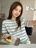 Fashion High-End Color Striped Round-Neck Short-Sleeved T-Shirt For Women's Summer New Loose Meat Masking Thin Casual Blouse