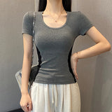 Pure Hot Girl Round Collar Color Short-Sleeved T-Shirt Summer 2025 New Slimming Bottom Shirt Waist Top