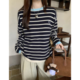 New Rammed Stripes Languidly Languid Long-Sleeved Knitted Shirts For Women In Autumn With Loose Belly Bottoming Shirt Tops
