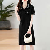 Pure Cotton Small Design Love Polo Collar Dress Women 2025 Summer New Casual Simple A Skirt