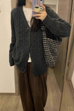 Grey Lazy V-Necked Knitted Cardigan Women 2025 Early Autumn New Loose Long Sweater Jacket