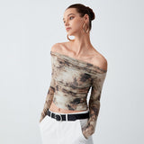 2025 Summer New Sexy Tie Dye Retro 3D Printing Embossed Shoulder Cloth Umbilical Long-Sleeved T-Shirt Girl