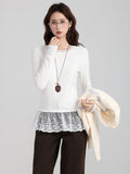 White Hair Thick Hem Lace Long-Sleeved Bottom Shirt Women 2026 Autumn And Winter Folding Thin T-Shirts