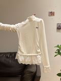 Small Collar Pure White Lace Hem Grinding Hair Plus Velvet Autumn And Winter Long-Sleeved T-Shirt Inside The Top Of The Woman