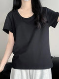 Short-Sleeved Women's Summer 2025 New Pink Shoulder T-Shirt Korean Loose Simple Leisure Thin U Collar Top
