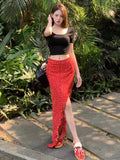 Lotus Leaf-Rimed Flower Dresses Women's Mid-Summer High-Rise Thin Buffet Dress Red Irregular Opening Fork Dress