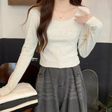 Round Collar Shoulder Cotton T-Shirt Women's Long Sleeves With Autumn New Elastic Slimming Hottie Bottom Shirt