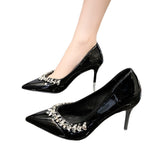 Black 2025 New Water Drill High Heels Women's Large-Size Fine Heel Single Shoes Gentle Fairy Style With Skirt Women's Shoes