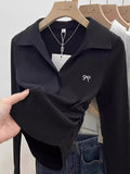 Pure Cotton Shoulder-To-Shoulder Collar Long-Sleeved T-Shirt For Women's Autumn And Winter Polo Collar Pure Desire To Collect Skinny Small Short-Sized Bottom Shirt