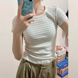 Bm Sweet Spicy Wind Shoulder Short Sleeve T-Shirt Design Sense Of Color Stripe Repair Bottom Summer Top