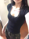 Pure Lust Lace Lace Collar Collar Short-Sleeved T-Shirt Girl Summer Sweet Hottie Bow Ballet Wind Tight Body Coat