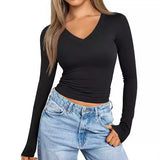 2025 Women's Long-Sleeved Autumn Fashion Blouse V-Neck Basic Style T-Shirt Splicing Design