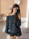 Grey One-Word Collar Twill Long-Sleeved Knitting Knitting Women's Clothing 2026 Korean Early Autumn Wearing A Huge Look And Loose Top