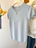 Positive Shoulder Milk Blue Ice Silk Knitted Short-Sleeved T-Shirt Woman 2025 Summer New Design Thin Hollow Top